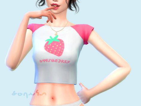 The Sims Resource - Fruity Fruit ~ Crop Top Sims 4 Cc Fruit Clothes, Sims 4 Cc Fruit, Saruin's Sims 4, Strawberry Shortcake Sims 4 Cc, Sims 4 Strawberry, Fruit Clothes, Strawberry Clothing, Fruit Clothing, Sims Finds