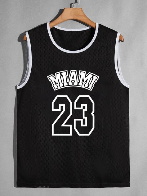 Black Casual Collar Sleeveless Fabric Letter  Embellished Slight Stretch Summer Men Tops Stem Outfits, Black Preppy, Youth Basketball, Fabric Letters, New Tank, Nba Jersey, Men Tops, Basketball Jersey, Men Clothing