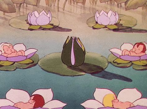 When I was thinking of how I would tell my child one day of how they were born or came into existence I would say I found them inside a lotus flower like this Old Cartoons, 90s Anime, Aesthetic Gif, Vintage Cartoon, Water Lilies, Art Plastique, Lily Pads, Pretty Pictures, Aesthetic Art