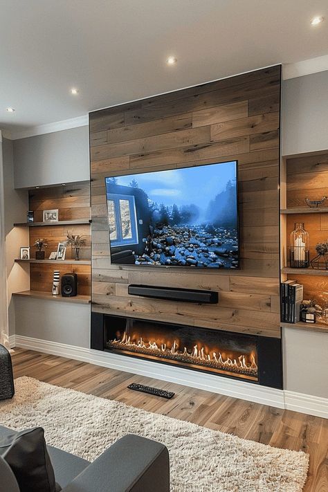 Modern Media Wall, Media Wall Ideas, Media Walls, Tv Fireplace, Feature Wall Living Room, Basement Living Rooms, Basement Living, Entertainment Wall, Living Room Decor Fireplace