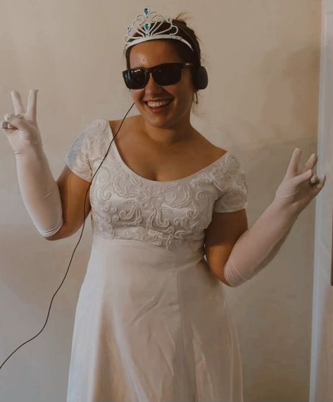 Homemade Princess Mia from Princess Diaries Halloween Costume - Thrifted Wedding Dress - Old Headphones and Sunglasses - Halloween Gloves and Princess Tiara from Dollarama 👑 Mia From Princess Diaries, Princess Diaries Halloween, Old Headphones, Thrifted Wedding Dress, Thrifted Wedding, Princess Mia, Princess Tiara, Princess Diaries, Halloween Costume