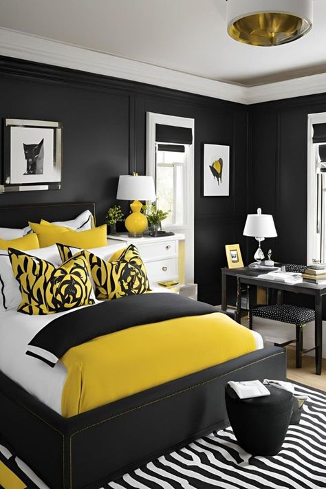 Yellow And White Bedroom, White Bedroom Decor Ideas, Yellow Decor Ideas, Yellow Bedroom Ideas, Yellow Room Decor, Zebra Room, White Bedroom Decor, Bedroom Interior Design Luxury, Yellow Room