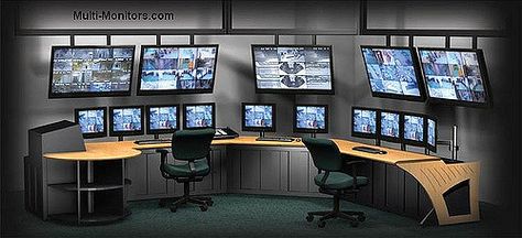 Giant-Multiple-Monitors-Workstation-Command-Center-For-Security-TV-Production-Video-Editing-Desk-Superpc | Flickr - Photo Sharing! Security Room, Trading Desk, Computer Workstation, Computer Room, Gaming Room Setup, Computer Setup, Command Center, Pc Setup, Home Office Setup