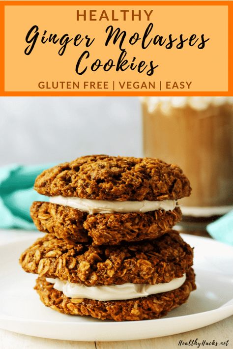 This super easy recipe for chewy ginger molasses cookies is the healthy dessert recipe you're going to want to keep for the holidays year after year! They're like a gingerbread cookie meets an oatmeal raisin cookie with all the deliciousness of a homemade treat. All you need is a few ingredients and one bowl to make these vegan and gluten free cookies! #HealthyHacks Healthy Banana Pudding, Bakery Style Cookies, Vegan Cream Cheese Recipe, Chewy Ginger Molasses Cookies, Pumpkin Cookies Healthy, Molasses Recipes, Raisin Cookie, Healthy Dessert Recipes Easy, Healthy Hacks