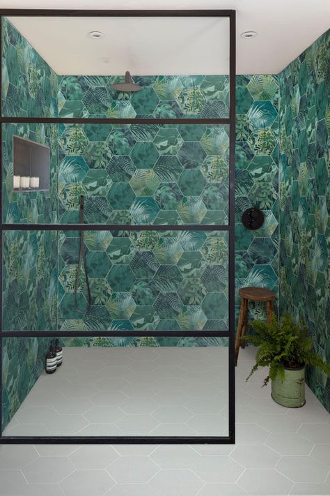 Bathroom Floor Tiles & Wall Tiles - UK | Hyperion Tiles Tiles Bathroom Ideas, Teal Colour Palette, Teal Palette, Small Downstairs Toilet, Teal Color Palette, Bespoke Bathroom, Garden Tiles, Jungle Pattern, Downstairs Loo