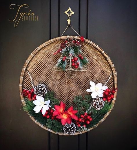 Christmas themed woven bamboo flat basket decor for walls and front doors by Tyria Boutique #mizo Flat Basket Decor, Church Wall Decor, Flat Basket, Decor For Walls, Church Christmas Decorations, Basket Decor, Creative Bookmarks, Bamboo Basket, Christmas Baskets