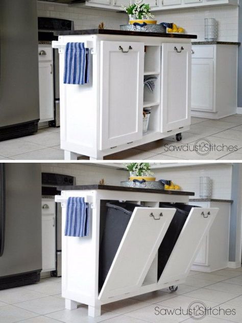 Diy Cabinet Kitchen, Cabinet Kitchen Island, Trash Can Cabinet, Diy Cabinet Doors, Diy Cabinet, Kitchen Design Diy, Small Kitchen Island, Hidden Kitchen, Kitchen Trash