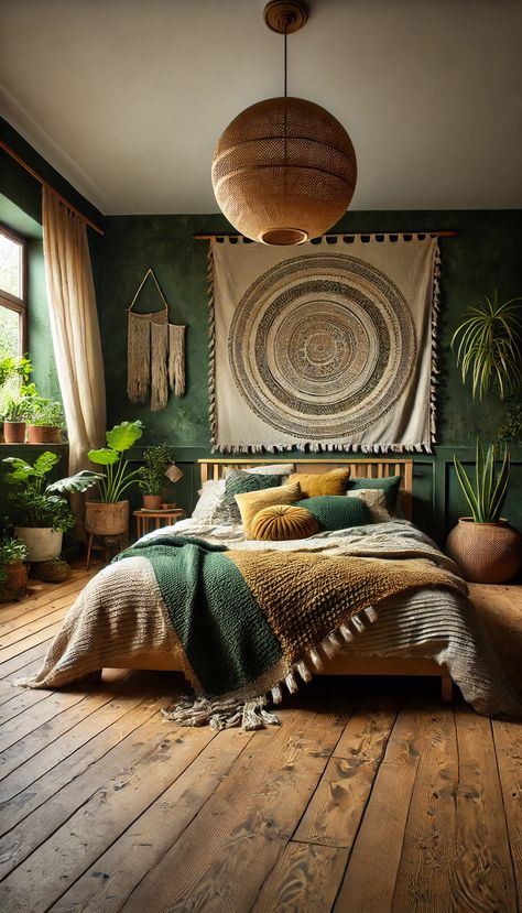 Transform your space with this boho-inspired home bedroom refresh. Earthy tones, lush greenery, and cozy textiles create a serene oasis for relaxation. Elevate your bedroom decor with these simple yet stunning elements! #HomeDecor #BedroomInspo #BohoStyle Natural Bedroom Decor Bohemian Style, Dark Green And Beige Bedroom, Green Bedding Boho, Boho Green Bedroom, Boho Girls Bedroom, Green Boho Bedroom, Vermont House, Natural Bedroom Decor, Cozy Textiles