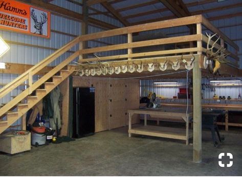 Storage Loft In Garage, Shop With Loft Apartment, Loft In Shop Ideas, Loft Garage Ideas, Man Cave Shop Ideas, Barndominium Shop Ideas, Metal Building Shop Ideas, Shop Kitchen Ideas, Pole Barn Organization Ideas