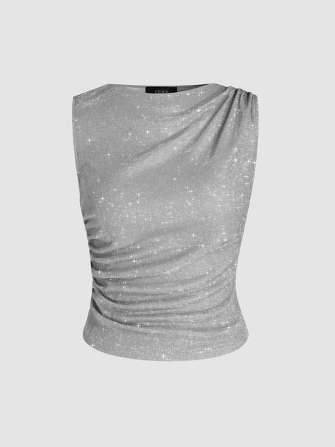 Glitter Tops Outfit, Asymmetrical Tank Top, Silver Shirt, Festival Concert, Glitter Top, Concert Outfits, Clothing Details, Silver Tops, Solid Clothes