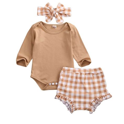 Plaid Brown Bodysuit 3 pc Set Baby Girl for $21.99 • Get the bodysuit in a neutral shade of brown for a practical and down-to-earth look. • The featured plaid pattern of the shorts & matching headband has an eye-catching design that's both fun and attractive. • Keep her little arms protected from the sun with these practical and comfortable long sleeves. • Comes in a cotton material that's perfect for everyday wear. Checkered Outfit, Newborn Coming Home Outfit, Personalized Baby Girl, Fashionable Baby Clothes, Fall Baby, Coming Home Outfit, Clothes Set