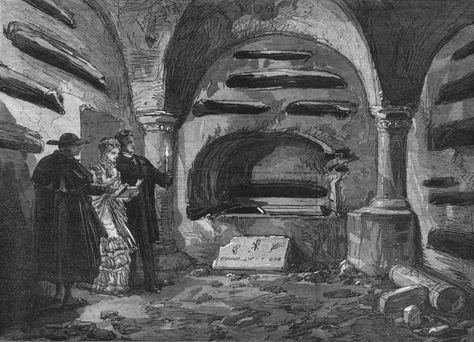 Catacombs of Rome, painting Catacombs Drawing, Catacombs Of Rome, Rome Catacombs, Rome Painting, Italy Illustration, Architectural History, The Catacombs, Ancient City, January 27