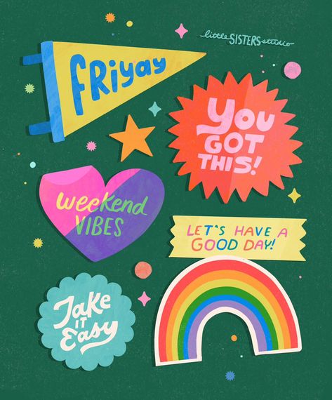 Friyay! Weekend vibes. Let's have a good day! Take it easy. You got this! Rainbow illustration Stationery Quotes, Rainbow Graphic, Have A Good Day, Rainbow Illustration, Happy Word Art, Inspirational Phrases, Cute Funny Quotes, Mood And Tone, Weekend Vibes