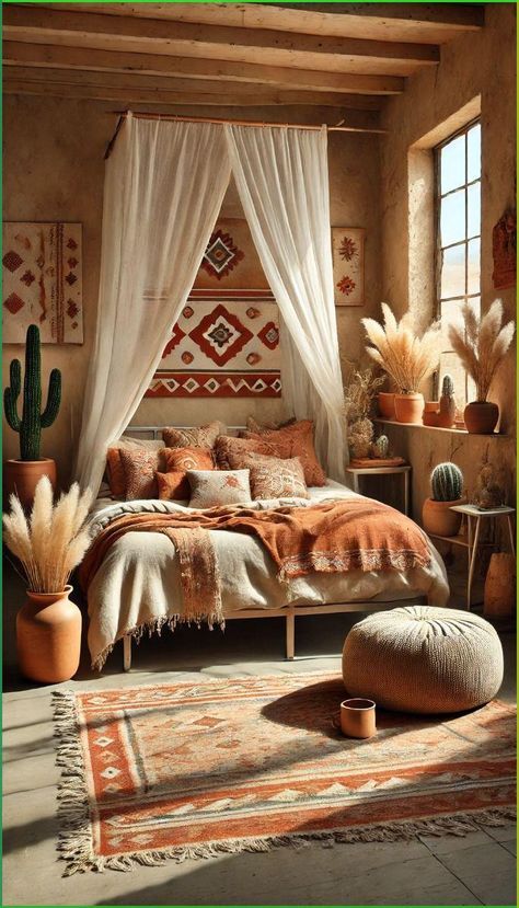 Flower Canopy Bedroom, Southwestern Guest Bedroom, Desert Luxe Home, Arizona Inspired Bedroom, Dessert Bedroom, Desert Boho Bedroom, Desert Theme Bedroom, Arizona Room, Gray Floors