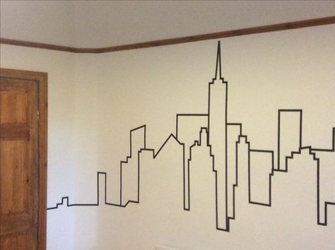 NYC skyline using washi tape.                                                                                                                                                                                 More Washi Tape Wall Art, Washi Tape Wall, Tape Wall Art, Diy Wall Decor For Bedroom, Wall Murals Diy, Tape Wall, Tape Art, Wall Bedroom, Trendy Bedroom