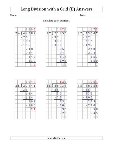 The 5-Digit by 2-Digit Long Division with Remainders with Grid Assistance and Prompts (B) math worksheet page 2 Long Division With Remainders, 6th Grade Spelling Words, Division With Remainders, Math Division Worksheets, Long Division Worksheets, Math Fact Worksheets, Math Coloring Worksheets, Teaching Math Strategies, Math Addition Worksheets