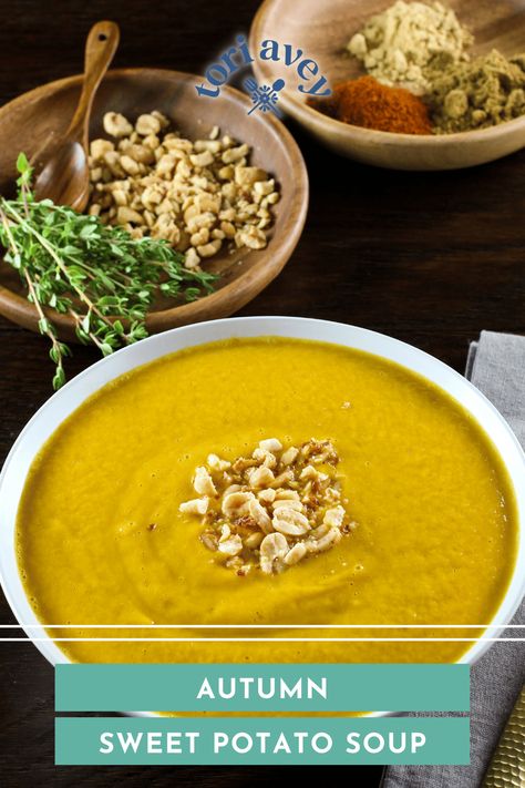 Autumn Sweet Potato Soup - Delicious vegan African-inspired soup recipe with yams, zucchini, tomatoes, and spices. Peanut butter gives it an unexpected, creamy flavor. #yams #peanutbutter #vegan #soup #Sukkot #RoshHashanah #TorisKitchen African Sweet Potato Soup, Vegan Soup Sweet Potato, Yam Soup Recipe, African Sweet Potato Peanut Stew, West African Sweet Potato Peanut Soup, Healthy Vegan Soup, Yam Soup, Food Doctor, Yams Recipe