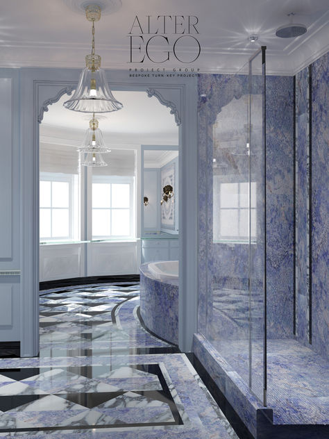 This stunning blue marble bathroom features a black marble geometric pattern on the floor, creating a striking contrast and a unique, modern look. The blue marble walls make this bathroom feel luxurious and calming, while the statement floor brings a sense of sophistication and elegance. ALTER EGO Project Group is a top international multi-award-winning architecture and interior design company. Since 2002 it has been creating and implementing premium turnkey projects worldwide. Blue Marble Bathroom, Marble Walls, Marble Aesthetic, Bathroom Blue, Marble Interior, Marble House, White Marble Floor, Blue Luxury, Marble Floors