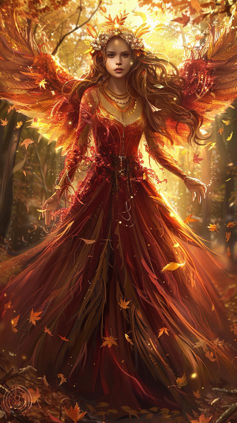 Autumn Guardian Spirit with Goddess-like Presence Autumn Mythical Creatures, Forest Goddess Art, Fall Goddess, Autumn Fae, Autumn Angel, Forest Goddess, Leaf Wings, Spirit Art Dolls, Inspirational Digital Art