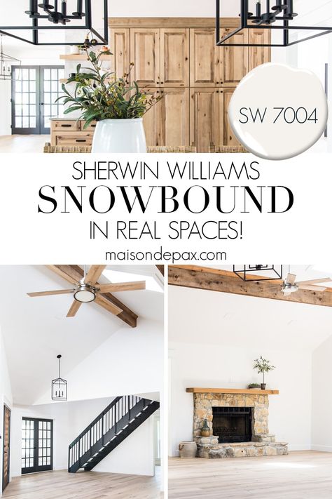 See SW Snowbound in REAL spaces and find out why it's one of the best white paints! #whitepaint #paintcolors Snowbound Bathroom Walls, Sw Snowbound Color Palette, Sherwin Williams Snowbound Walls And Extra White Trim, Snowbound Sherwin Williams Living Room, Sw Snowbound Walls With Pure White Trim, Snowbound Walls And Trim, White Basement Walls, Snowbound Sherwin Williams Walls, Popular White Paint