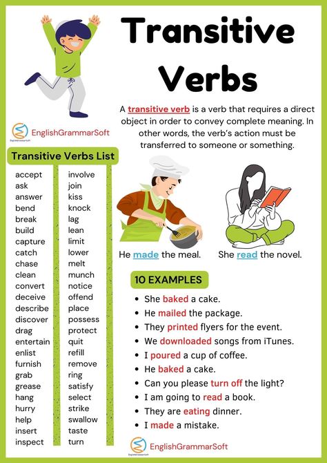 Transitive Verbs (Examples & List) Transitive Verbs Worksheet, Transitive And Intransitive Verbs, Verb Definition, Intransitive Verbs, Verbs For Kids, Direct Object, Verb List, Verb To Have, Types Of Verbs