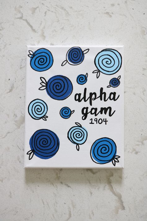 Flower Sorority Canvas, Alpha Gamma Delta Canvas Paintings, Blue Sorority Canvas, Alpha Gamma Delta Canvas, Sorority Letters Painted, Sorority Canvas Paintings, Sorority Paintings, Big Little Canvas, Big Little Basket