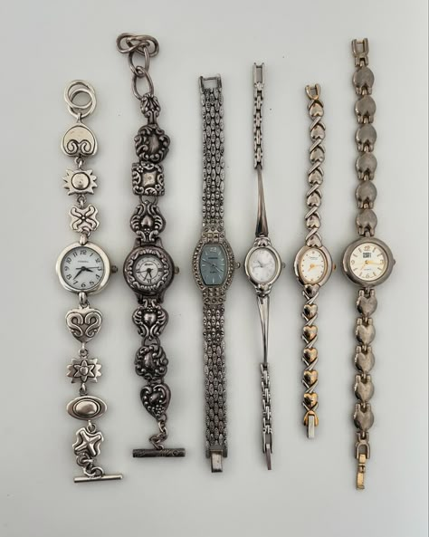 a vintage watch drop, thursday nov. 7 @ 12pm pst 30+ wristwatches from the pre-2000s set reminders in ig story 🖤 2000s Vintage Aesthetic, Cool Watches Women, Vintage Jewelry Silver, Silver Vintage Jewelry, Cute Jewelry Aesthetic, Watch Aesthetic Vintage, Wristwatch Aesthetic, Vintage Watch Aesthetic, Wrist Watch Aesthetic