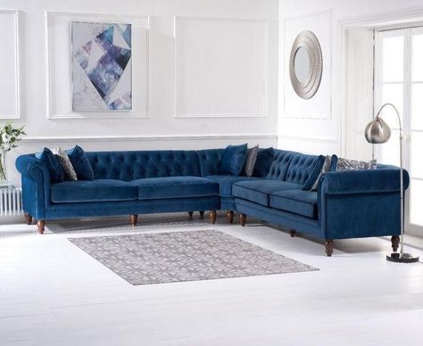 Gold Lounge, How To Make Corner Sofa, 2 Seater Corner Sofa, Corner Sofa Living Room, Velvet Corner Sofa, Blue Velvet Sofa, Rooms Design, Corner Sofa Design, Pallet Project