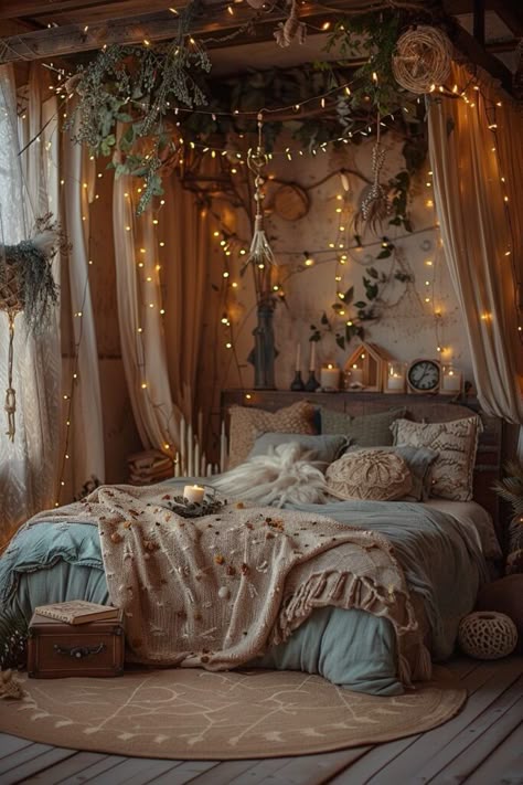 Ethereal Elemental Escape Canopy Bed Aesthetic Dark, Mystical Room Aesthetic, Sea Witch Aesthetic Room, Boho Witchy Decor, Ethereal Home Decor, Bedroom High Ceiling Ideas, Cozy Witchy Bedroom, Ethereal Bedroom Aesthetic, Fairy Forest Bedroom