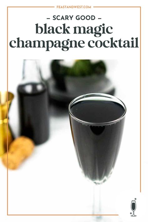 Trick and treat your party guests with a Black Magic Champagne Cocktail. Dark and spooky, it's perfect for an adult Halloween party! Vodka Gummy Worms, Black Vodka, Marshmallow Vodka, Frozen Drinks Alcohol, Vodka Punch, Trick And Treat, Champagne Recipes Cocktails, Champagne Punch, Breakfast Cocktails