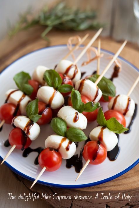 Mini Caprese Skewers are a delicious and easy appetizer made with cherry tomatoes, fresh mozzarella, basil, and balsamic glaze. Perfect for parties! See more/recipe by clicking the pin. Salami Toothpick Appetizers, Tomato Basil Mozzarella Skewers Balsamic Glaze, Food Skewers Ideas, Cocktail Party Snacks Finger Foods, Appetizer Recipes In A Cup, Grape Tomatoes And Mozzarella, Cold Starters For Dinner Party, Tomato Basil Mozzarella Appetizers Balsamic Vinegar, Cherry Tomato Appetizers Simple