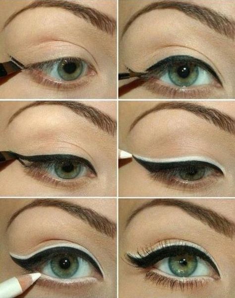 How-To Pin-up style make-up Permanente Make-up, Tutorial Eyeliner, Mekap Mata, 70s Makeup, Best Makeup Tutorials, Retro Makeup, White Eyeliner, Smink Inspiration, Beauty Make-up