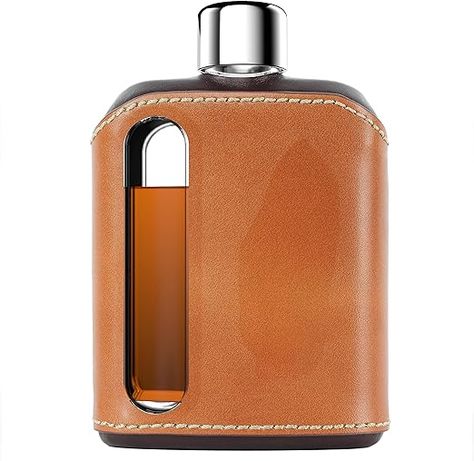 Ragproper Modern Glass Hip Flask - Durable Liquor Flask for Men & Women - Whiskey Flask for Men - Glass Flask for Liquor - Leather Flask for Wine (Double Shot 240ml, Dark & Tan) Hip Flask Aesthetic, Hyrdo Flask, Pocket Flask, Whiskey Flask, Leather Flask Hord Leather-goods, Liquor Flask, Glass Flask, Flask Set, Leather Flask