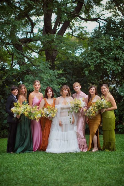 This Indie-Band Bride Wore Two Statement Cape Dresses for Her Eccentric Silver Lake Wedding | Vogue Bridesmaids Looks, Cape Dresses, Bridesmaids Dress Inspiration, Gucci Jacket, Mismatched Bridesmaids, Lake Wedding, Silver Lake, Wedding Mood, Bride Wear