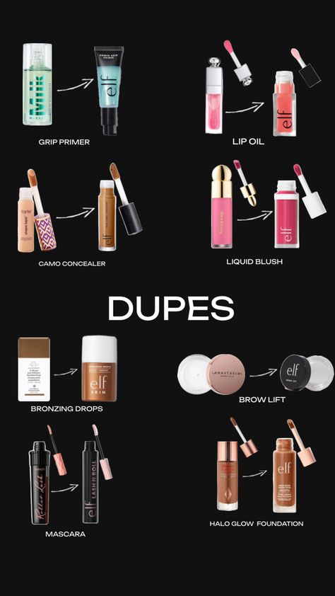 Multiple dupes from e.l.f cosmetic brand Elf Products, Simple Makeup Tips, Elf Cosmetics, Cosmetics Brands, Makeup Skin Care, Simple Makeup, Makeup Inspo, Skin Makeup, Makeup Routine