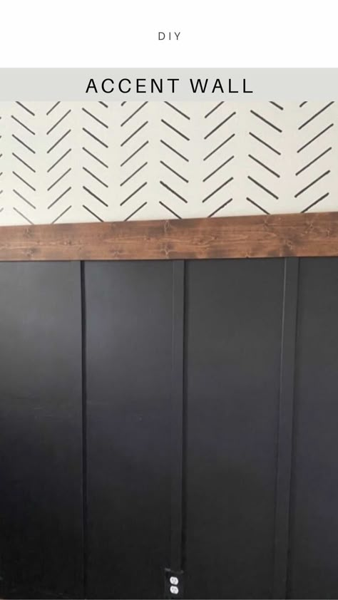 White Wall With Black Accent Wall, Black Wall Design Ideas, Accent Wall In Camper, Accent Wall Kitchen Nook, Accent Wall Before And After, Black Paint For Accent Wall, Diy Black And White Accent Wall, Office Accent Wall With Shelves, Half Black Accent Wall