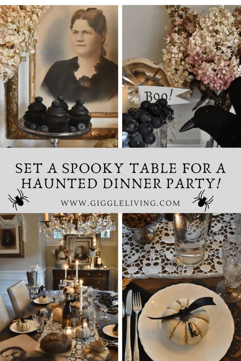 Haunted dinner party inspiration for your next spooky soiree!  Set a moody table for Halloween fun AND grab some deliciously frightful recipes too! #halloween #dinnerparty #recipes #halloweendecorations Spooky Soiree, Halloween Dinner Party, Spooky Dinner, Halloween Menu, Dark Decor, Halloween Party Dinner, 2023 Halloween, Scary Decorations, Halloween Lanterns