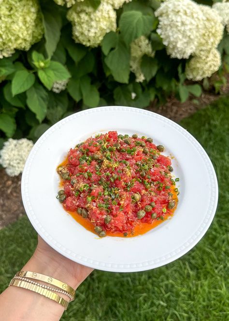 Spanish-Inspired tuna Tartare Ahi Tuna Tartare Recipe, Wishbone Kitchen, Fish Tartare Fine Dining, Spicy Tuna Tartare Recipe, Wasabi Pea Crusted Tuna, Tuna Tartare Recipe, Cheese Croquettes, Taylor Ham, Eggplant Appetizer