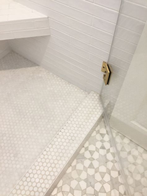 Extra Small Master Bath, Bathroom Limestone Floor, Becki Owens Bathroom, Floor And Decor Tile, Ceramic Tile Ideas, Adu Bathroom, Birch Decor, Aqua Tiles, Shower Curb