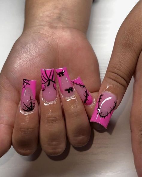 Hot Pink Halloween Nails, Halloween French Nails, Hot Pink Halloween, Boss Nails, Pink Halloween Nails, Hard Nails, Nails Design With Rhinestones, Colored Acrylic Nails, Girly Acrylic Nails