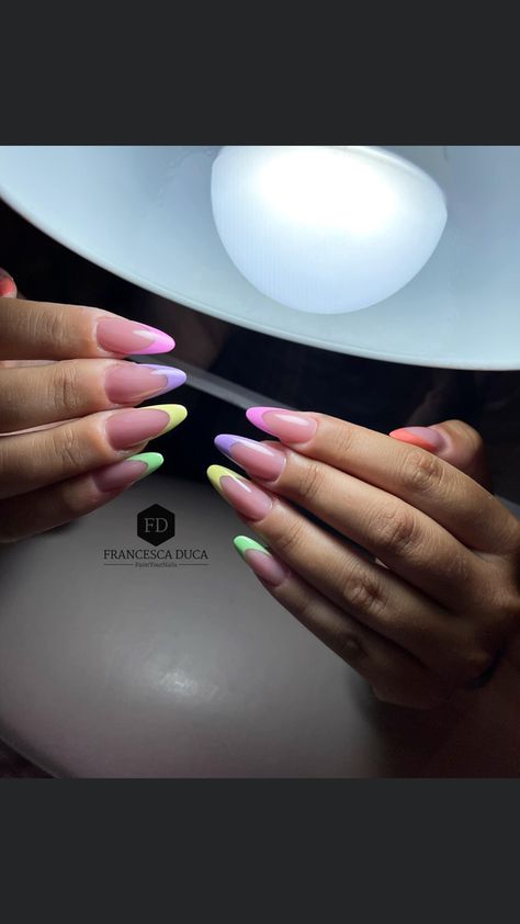 Lime Nails, Long Almond Nails, Purple Tips, Long Almond, French Pink, Long Nail Designs, Neon Nails, Yellow Nails, Fire Nails