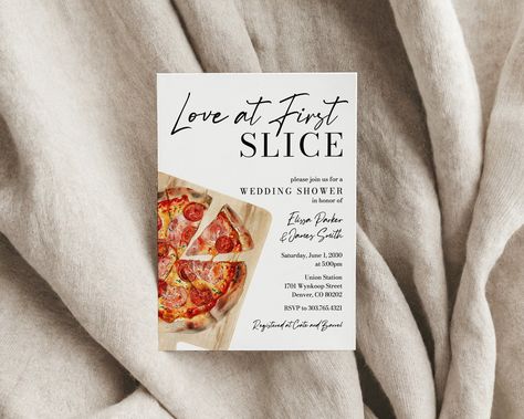 It's love at first slice! Invite your friends and family to a pizza theme wedding couples shower. This is an easy to edit digital template that you can edit online yourself and then print at home or at a print shop. DEMO LINK - TRY BEFORE YOU BUY: www.jettemplate.com/demo/ES2740 View Matching Items Here: https://www.etsy.com/shop/PetalsPaperieCo?search_query=110 * * * * * * * * * * * * * * * * * * INSTANT DOWNLOAD:      - Please note this listing is for a digital editable template only. No physical product will be shipped. You will receive an email to access your template within minutes of purchase and edit it online. No software downloads required. - Do not purchase with Apple Pay. Your email address will be hidden and you won't receive the email to access your template.   * * * * * * * * Italian Pizza Wedding, Couple Shower Themes Wedding, Pizza And Wings Before The Rings, Wedding Pizza Party, Pizza Themed Bridal Shower Ideas, Pizza Bridal Shower Theme, Wedding Shower Couples, Pizza Couples, Couples Shower Themes