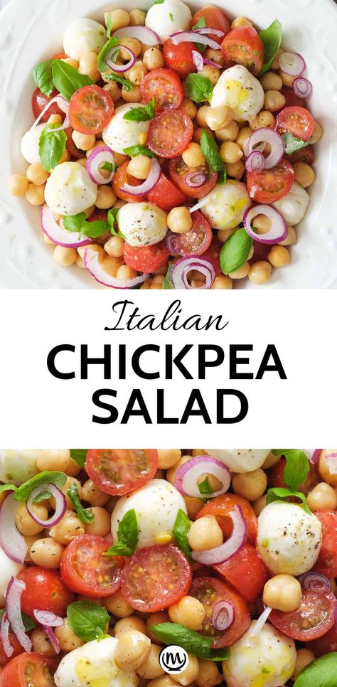 This scrumptious Italian chickpea salad is absolutely delicious. Chickpeas are tossed with tomatoes, mozzarella, red onion, extra virgin olive oil, and basil. It's easy and ready in 10 minutes flat. #saladrecipes #chickpearecipes #glutenfreerecipes #chickpeasalads #quicklunchideas Italian Chickpea Salad, Salad Spinach, High Potassium Foods, Tomatoes Mozzarella, Tomato Basil Pasta, Cherry Tomato Pasta, Chickpea Pasta, Easy Party Food, Cheap Dinner Recipes