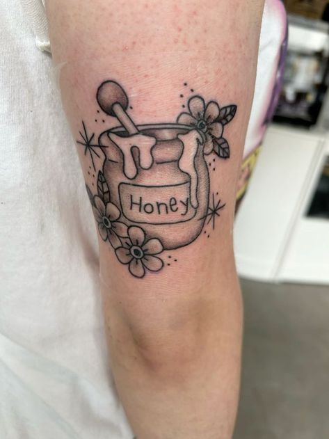 Peanut Butter Jar Tattoo, Honeypot Tattoo, Honey Jar Tattoo, Funniest Tattoos, Honey Pot Tattoo, Pot Tattoo, Jar Tattoo, Honey Tattoo, Peanut Butter Jar