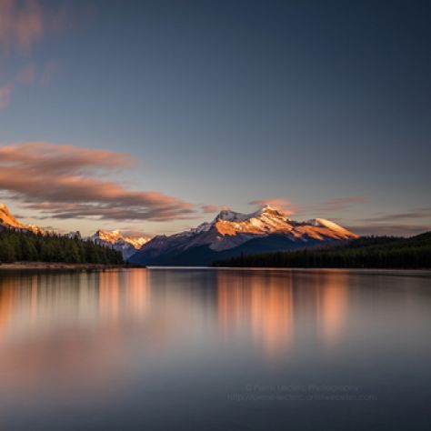 Maligne Lake Sunrise - Mount Edith Cavell reflected in the calm river at sunrise in the rocky mountains of Jasper National Park, Alberta, Canada. Another Iconic Canadian Rockies scenery. Taken with the Canon 5dsr Sunrise Over Water, Edith Cavell, Maligne Lake, Sunrise Lake, Water Images, Jasper National Park, Photo Club, Morning Sunrise, The Rocky Mountains