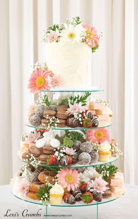 Wedding Cake Tower Ideas, Cake And Cookie Table Wedding, Wedding Desserts That Arent Cake, Wedding Tower Cake, Cake And Sweets Table Wedding, Wedding Treat Table Ideas Receptions, Cookie Cake Tower, Cupcake Towers Wedding, Wedding Cake Dessert Tower