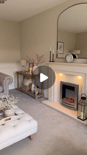 Amy Barclay on Instagram: "Living Room Details 🤍

Sofas @marksandspencer Hampstead large sofas

Footstool @lauraashleyuk  Gloucester button footstool 

Console @neptunehomeofficial  Edinburgh console table

Mirror @thewhitecompany  Chiltern mirror

Side table @cotswoldco Alderton black glass side table

Basket @thebasketcompany 

Floor lamp and table lamp @nextofficial

Wall colour @farrowandball Skimming Stone 

Panelling @farrowandball All White 

Carpet @cormarcarpets  sensations in ammonite 

#livingroominterior #winterstying #livingroom #homestyling #homedecor #fireplace #footstool #panelling #farrowandballskimmingstone #allwhite #neutralinteriors #lounge #newbuildinspo #homedesign #console #neptune #mantle #redrowhome #redrowcambridge" Sofa Wall Panelling, Skimming Stone Living Room, Lounge Ideas, Black Glass Side Table, Redrow Homes, Mirror Side Table, Small Lounge, Sofa Wall, Mirrored Console Table