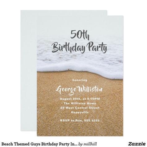 Beach sand custom birthday / celebration invitation.  Use for a teens beach party, milestone birthday, or graduation - #guysbirthday #beachparty #teenboy #50thbirthday 50th Birthday Beach Party, Teen Beach Party, Birthday Beach Party, Guys Birthday, Beach Party Invitations, 1st Birthday Party Favors, Beach Bash, Mens Birthday Party, Beach Themed Party