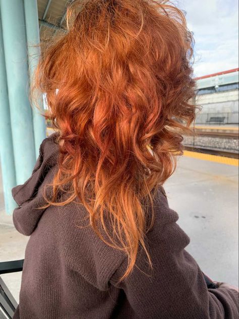 Orange Grunge Hair, Short Fluffy Ginger Hair, Muted Orange Hair, Alt Ginger Hair, Fluffy Ginger Hair, Copper Dyed Hair, Ginger Hair Dye Ideas, Ginger Wolfcut, Rust Hair Color