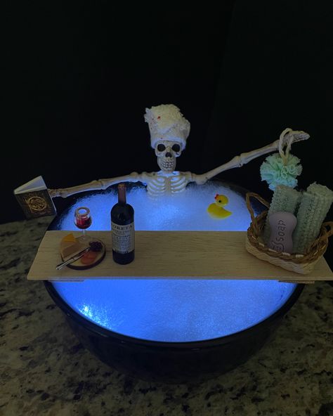 Bath time #spaday #bathtime #skeletons #skeletonart #skelly #skeletonbath Skeleton Spa Day, Skeleton Taking A Bath, Skeleton Bubble Bath, Skeleton Bath Candle, Skeleton Bathtub, Skeleton In Bathtub, Halloween Parade Float, Goddess Symbols, Halloween Parade